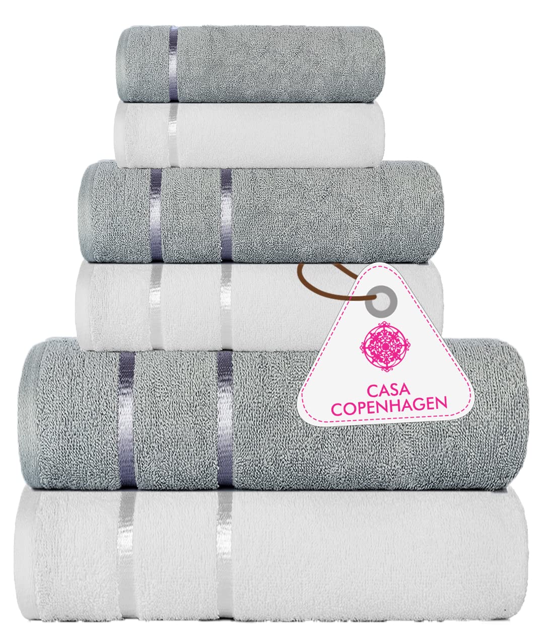 Casa Copenhagen Denmark Design 2 Bath + 2 Hand & 2 Washcloths Towels 1800 Gsm | He & She Super Soft Collection 100% Cotton 6 Piece Towel Set - Grey & White