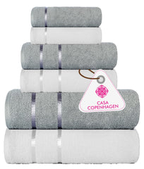 Casa Copenhagen Denmark Design 2 Bath + 2 Hand & 2 Washcloths Towels 1800 Gsm | He & She Super Soft Collection 100% Cotton 6 Piece Towel Set - Grey & White