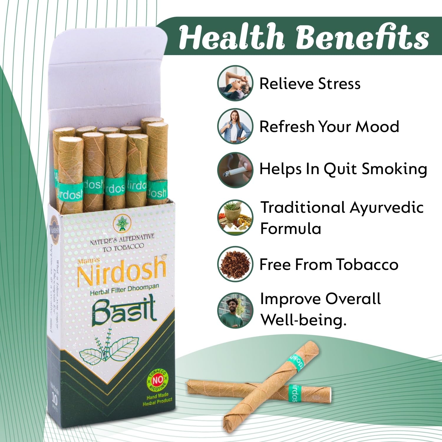 Basil Flavored Herbal Filter Dhoompan Sticks - Pack Of 2X 10 Pcs Herbal Cigarette | Bidi Sticks Rolled In Tendu Leaves, Non-Addictive Sticks - Tobacco Free & Nicotine Free