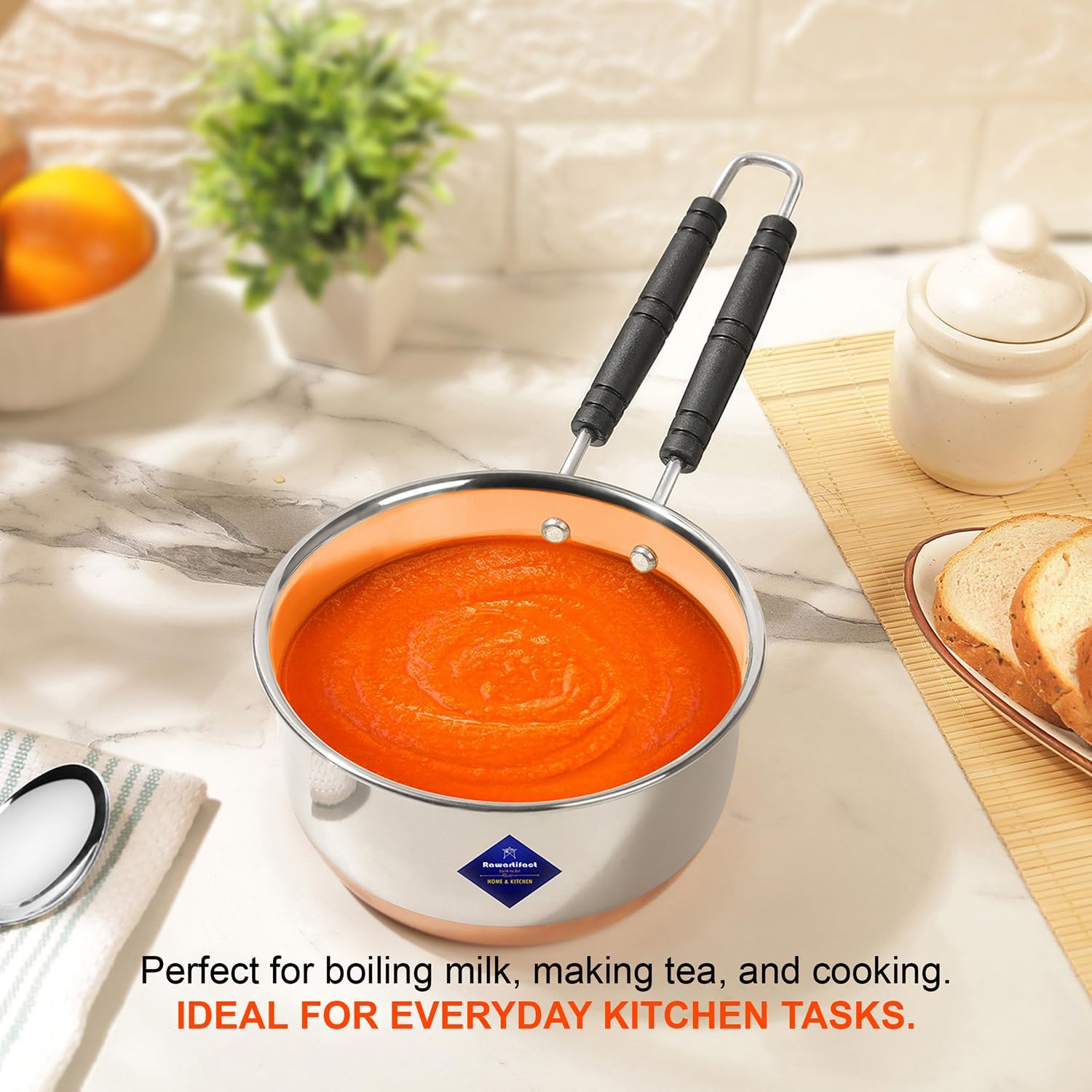 Silver Stainless Steel Copper Bottom Gas Stove, Flat Base Sauce Pan With Handle | Tea Pan, Milk Pan, Tapeli Patila, Sauce Pot Cookware With Handle, 1500ml