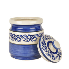 Hand Painted Ceramic Round Jar (Burni) With Lid - 1200ml, Blue | Ceramic Multi-Utility Storage Jar - Pickle Storage Jar