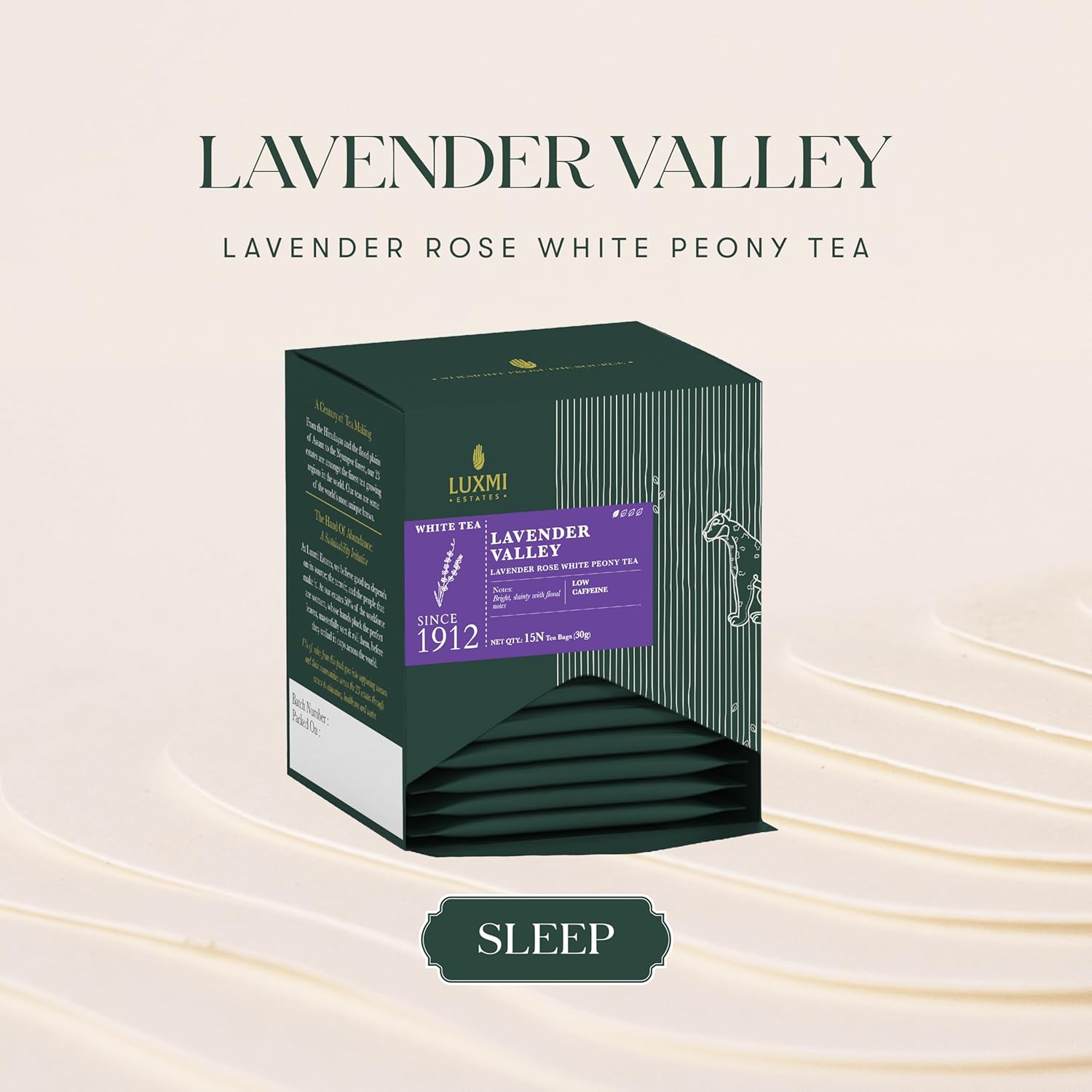 Luxmi Estates Lavender Valley Rose White Peony Tea Bags - 30gm, 1.05 Ounce, 15 Tea Bags | USDA Certified Organic White Tea - Low Caffeine Tea For Good Sleep | Rich In Antioxidants, Gluten Free
