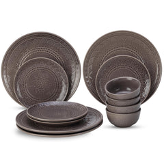 Handcrafted Stoneware Embossed Ceramic Dinner Set Of 12 Pcs - Ash Grey | 4 Dinner Plates+ 4 Small Plates+ 4 Small Dinner Bowls, 180ml Each | Microwave & Dishwasher Safe - Serving For 4