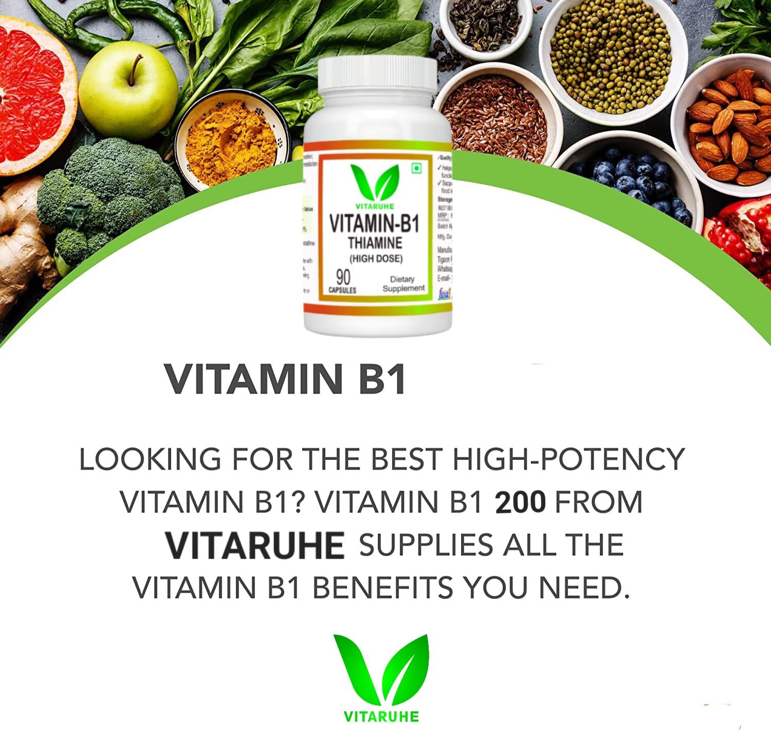 Vitaruhe Vitamin B1 (Thiamine) High Dose , Energy, Immune, Muscle, Nervous System | 90 Capsules , 150gm 0.3lbs