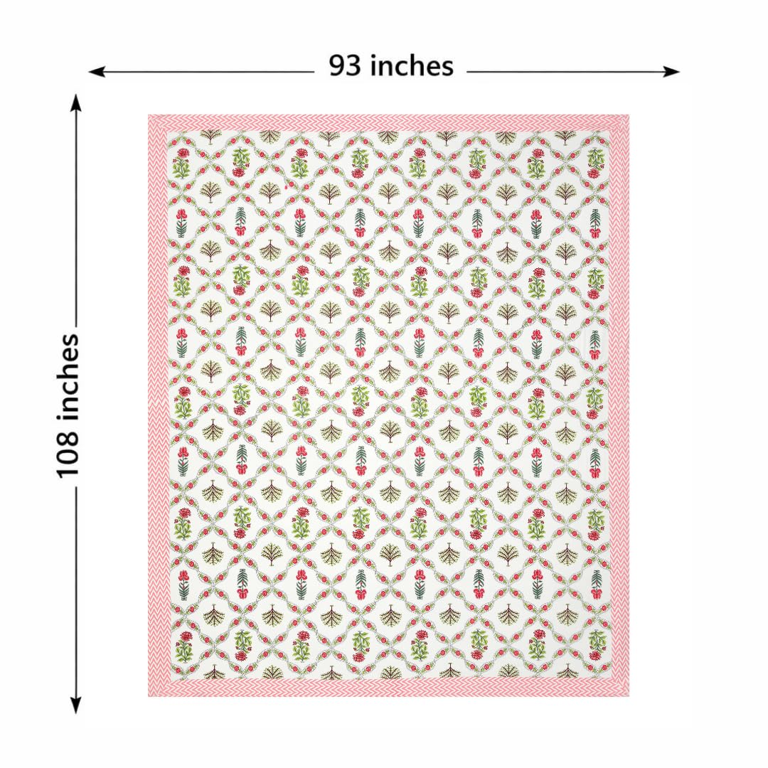 Hand Printed Cotton Bedsheet For King Size With 2 Pillow Covers | 93 X 108 Inches, Pink & Green | Ultra-Soft & Skin-Safe | Breathable Summer Comfort