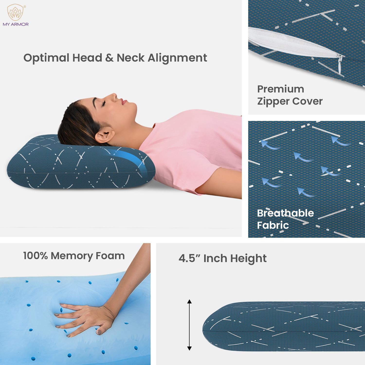 Cool Gel Memory Foam Pillow For Sleeping, Thick Pillow, Queen Size - 4.5 Inch | Neck Support Pain Relief, With Removable Blue Checks Cover | Compressible, Breathable - Pack Of 1