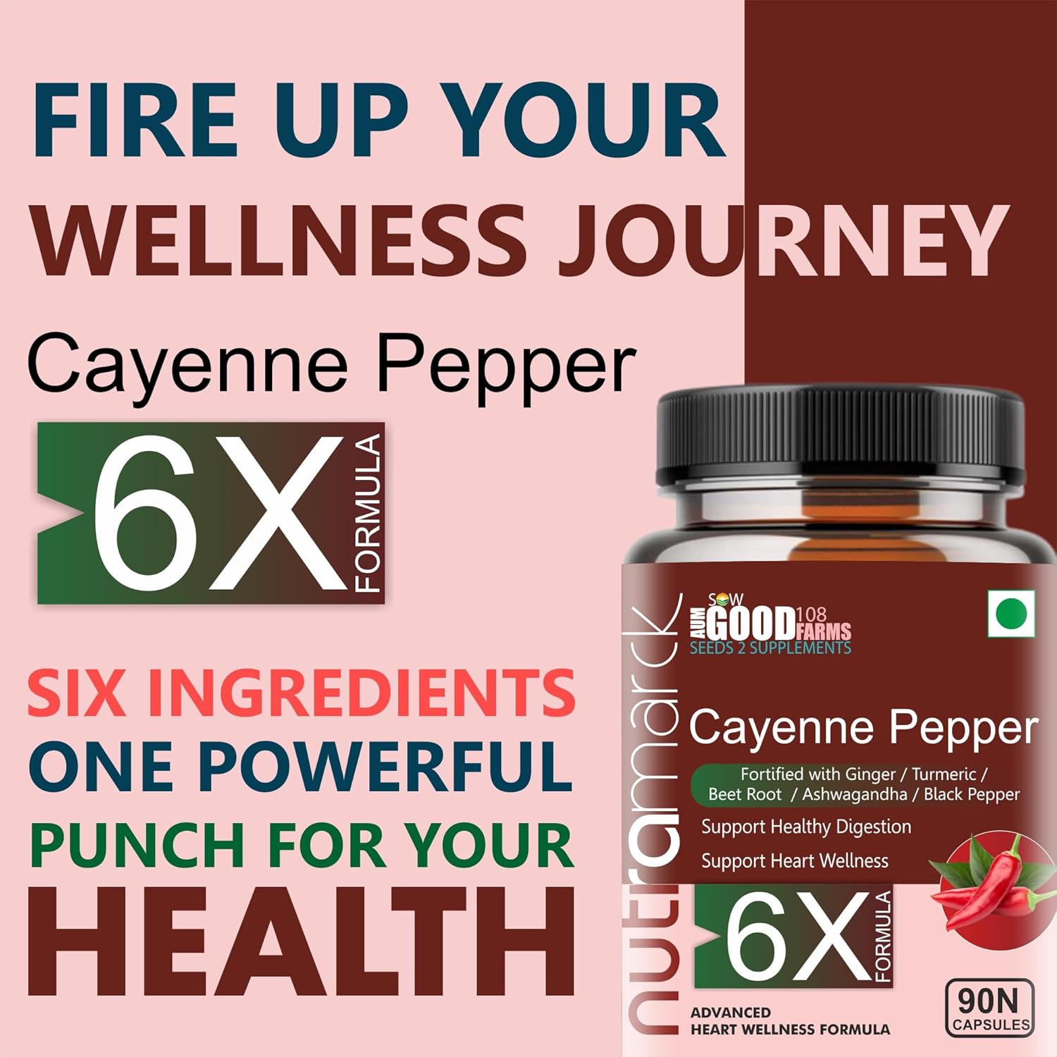 Nutramarck's All - Natural Plant Based 6x Cayenne Pepper Capsules For Healthy Heart | Support Metabolism, Digestion, Circulation, Immunity & Joints | 90 Capsules 150gm 0.3lbs