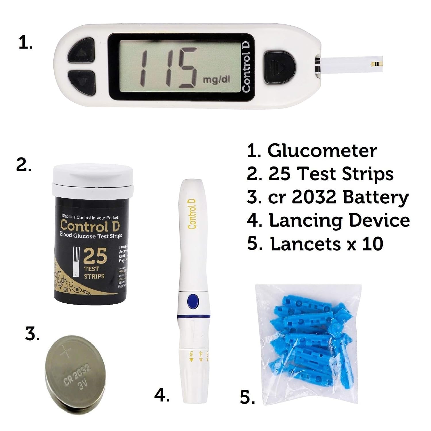 Control D Blood Glucose Test Monitor + Strips - 25 Strips, White