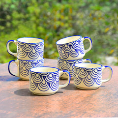 Hand Painted Blue Spiral Ceramic Cups Set Of 6 - Blue, 150ml Each | Microwave & Dishwasher Safe Tea Cups & Mugs - Cups For Chai, Coffee, Cappuccino, Milk, Latte, Hot & Cold Drinks