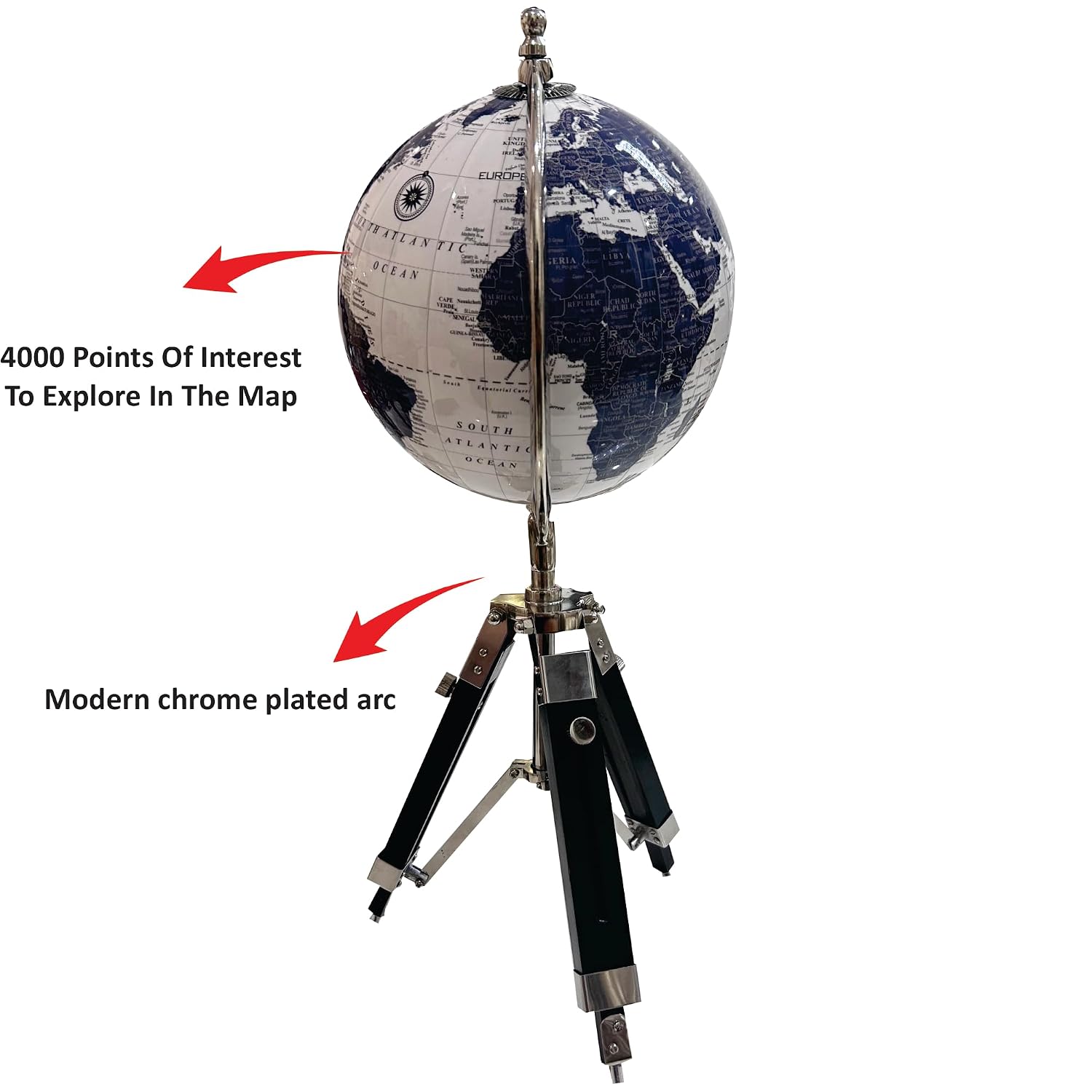 Educational & Antique Blue Wooden Tripod For Home Decor World Globe Up To Date Map, Office Decor, Gift Item, Showpiece - 8 Inch, Chrome Plating, Pack Of 1