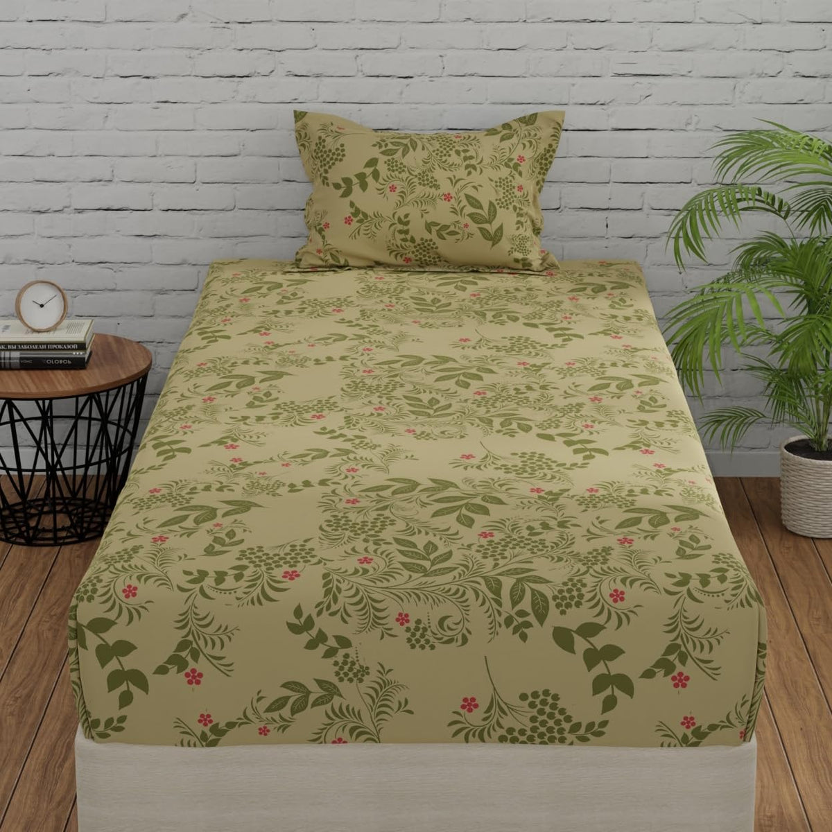 Cotton Single Bedsheets With 1 Pillow Covers - 55 X 88 Inches, Green & Pink | Ideal For House - Bedroom, Guest Room, Perfect Gift For Festivals