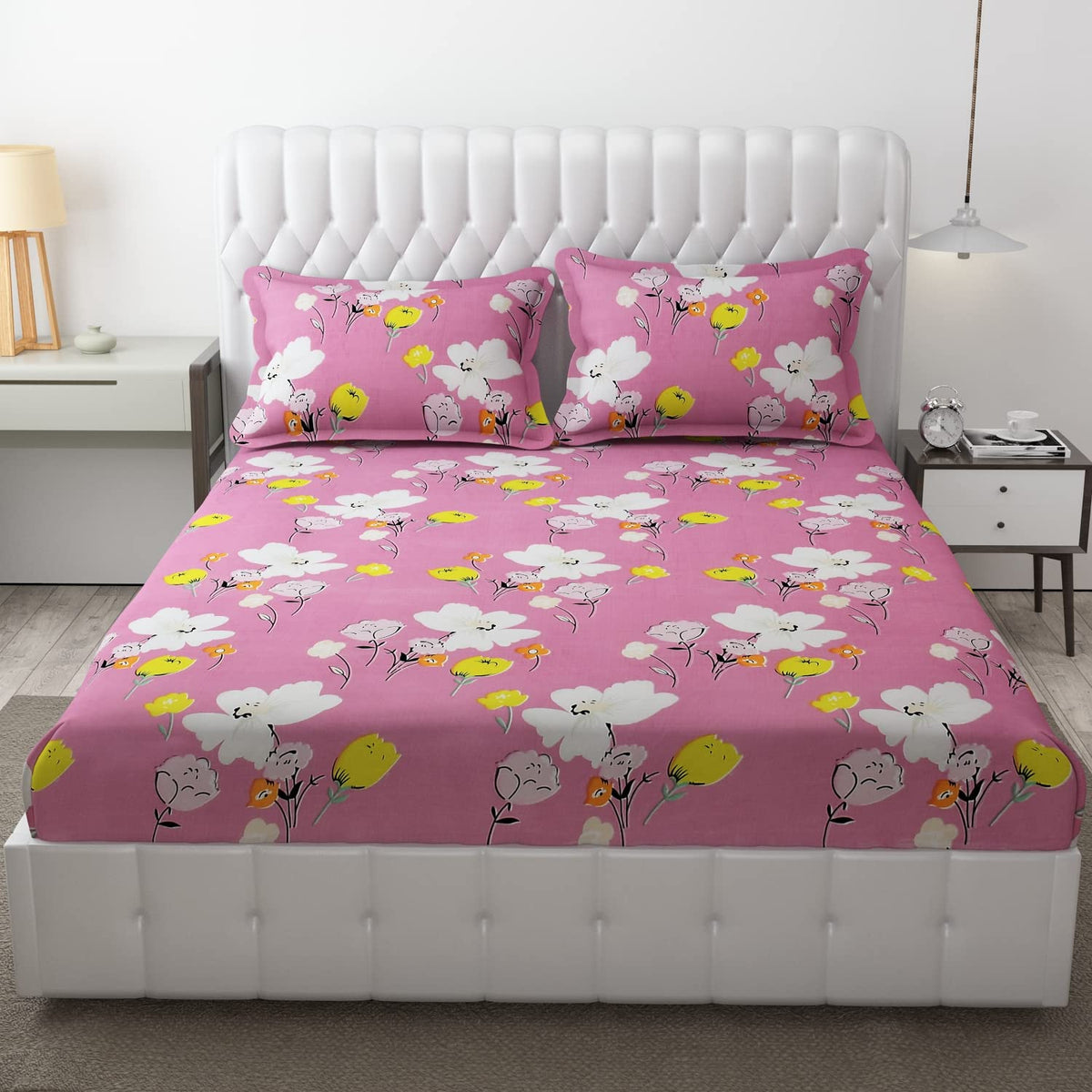 King Size Bedsheet With Two Pillow Cover (Size - 78 X 72 Inches, Pink & White) | Elastic Fitted Floral Bedsheet | Best For Festival Gifting