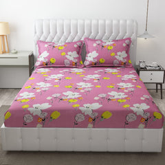 King Size Bedsheet With Two Pillow Cover (Size - 78 X 72 Inches, Pink & White) | Elastic Fitted Floral Bedsheet | Best For Festival Gifting