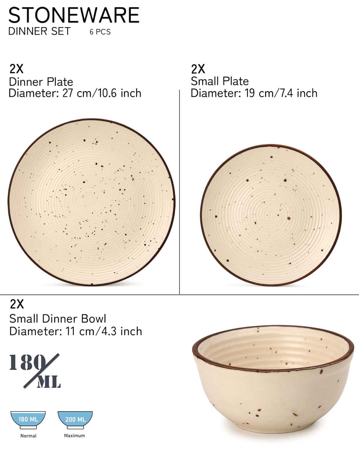 Handcrafted Ceramic Stoneware Dinner Set Of 6 Pcs, Beige | 2 Dinner Plates, 10.6 Inch Each + 2 Small Plates, 7.4 Inch Each + 2 Small Dinner Bowl, 180ml Each | Microwave & Dishwasher Safe