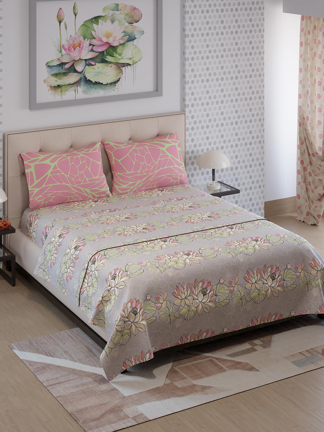 100% Cotton Double Bedsheet With 2 Pillow Covers Size - 87 X 95 Inches, Grey & Pink | 125 Thread Count Lightweight & Durable - Gift For Housewarmings, Weddings, Birthdays