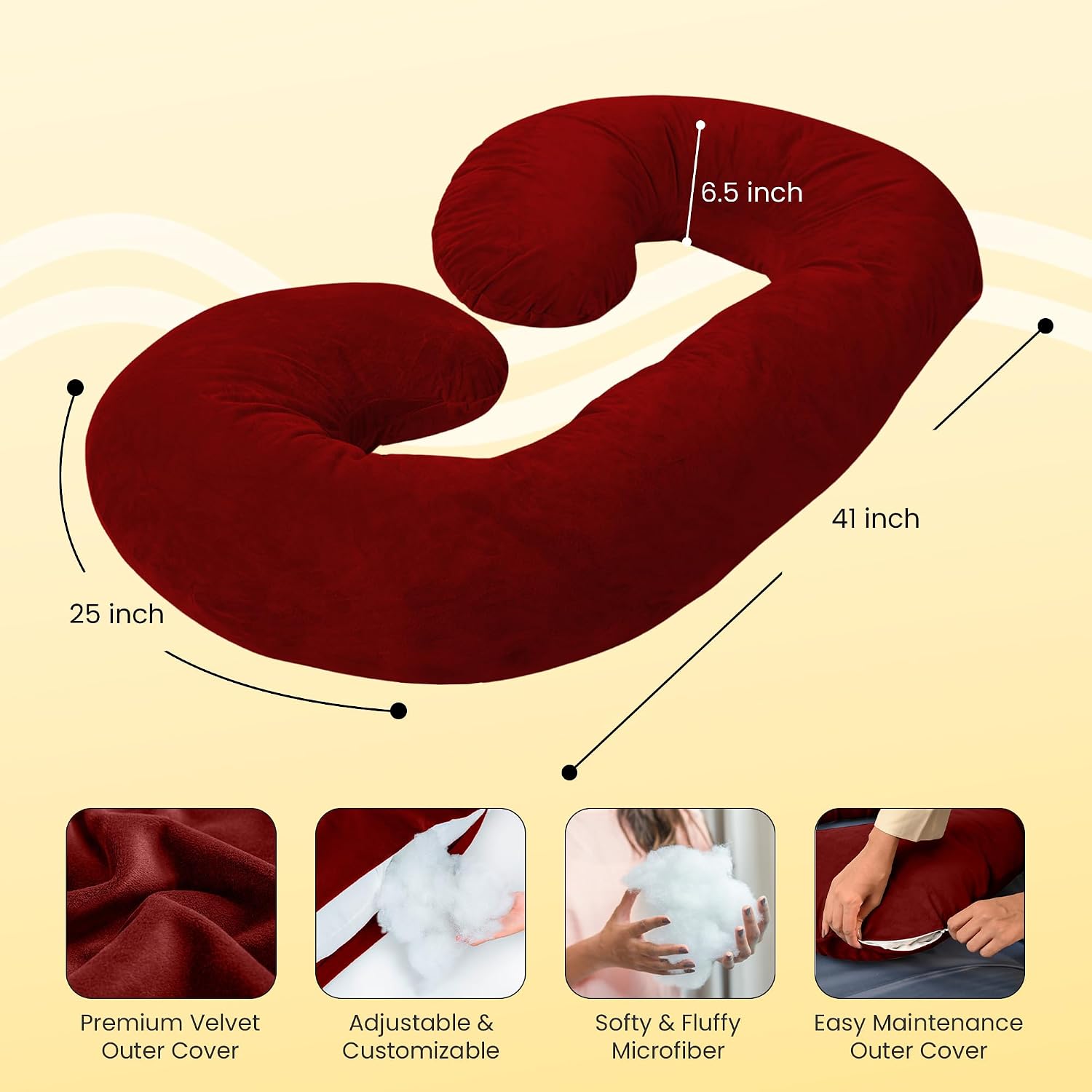 C Shape Full Body Pillow, Pregnancy Pillows For Sleeping, Maroon Color | Maternity Pillows For Back, Hips, Legs, Belly | For Pregnant Women With Removable, Washable Maroon Velvet Cover