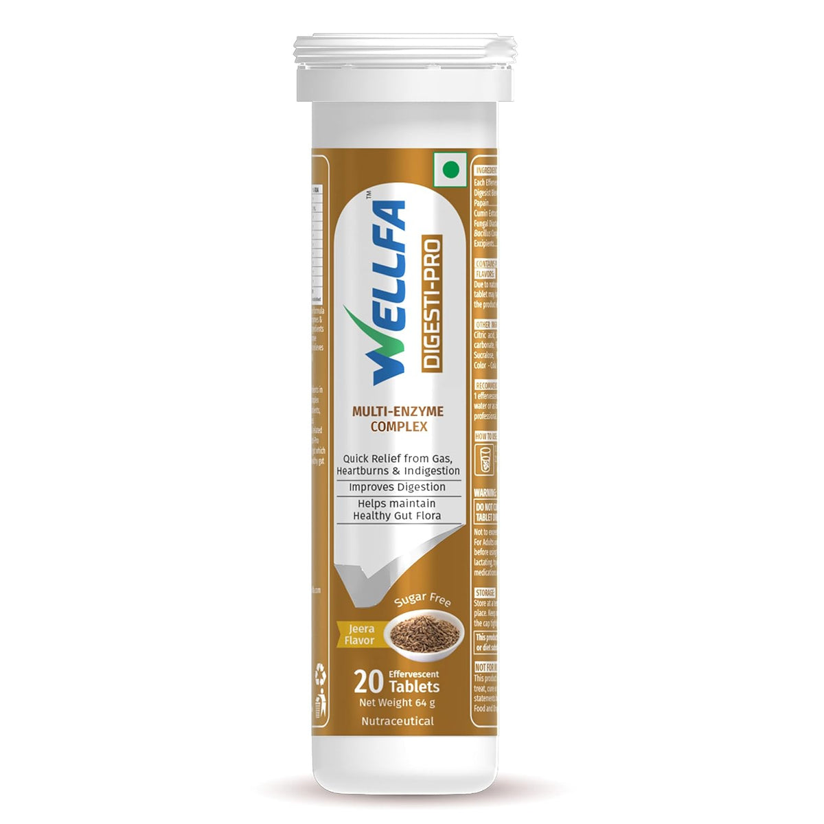 Wellfa Digesti Pro Tablets Multi Enzymes, Cumin Extract, Improves Digestion, Relief From Gas, Bloating & Heartburn Resolves Indigestion | Jeera Flavor - 20 Effervescent Tablets, 50gm 0.1lbs