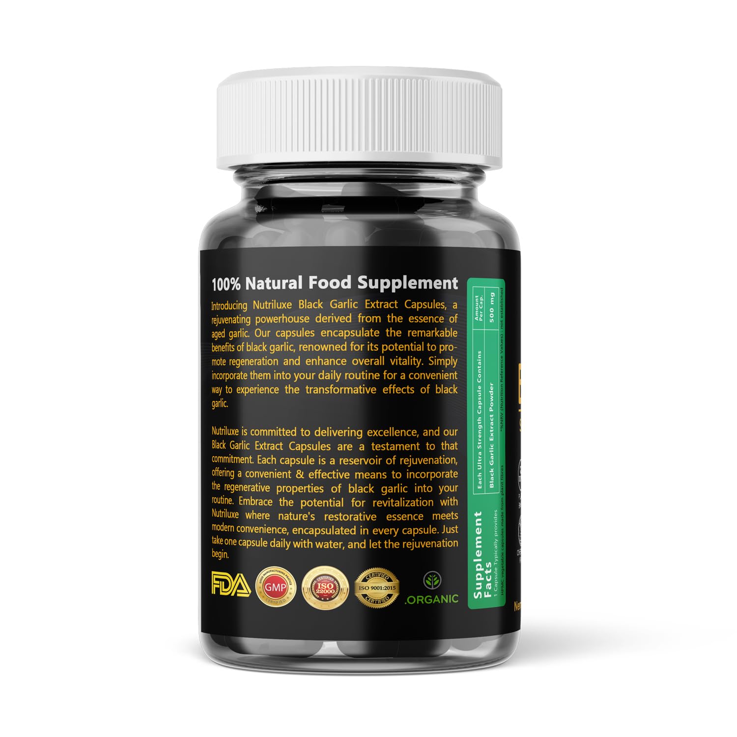 Nutriluxe Black Garlic Extract Capsules 500mg 100% Natural Good For Digestion, Improves Heart Health, Regulates Sugar Levels | 60 Capsules 100gm 0.2lbs