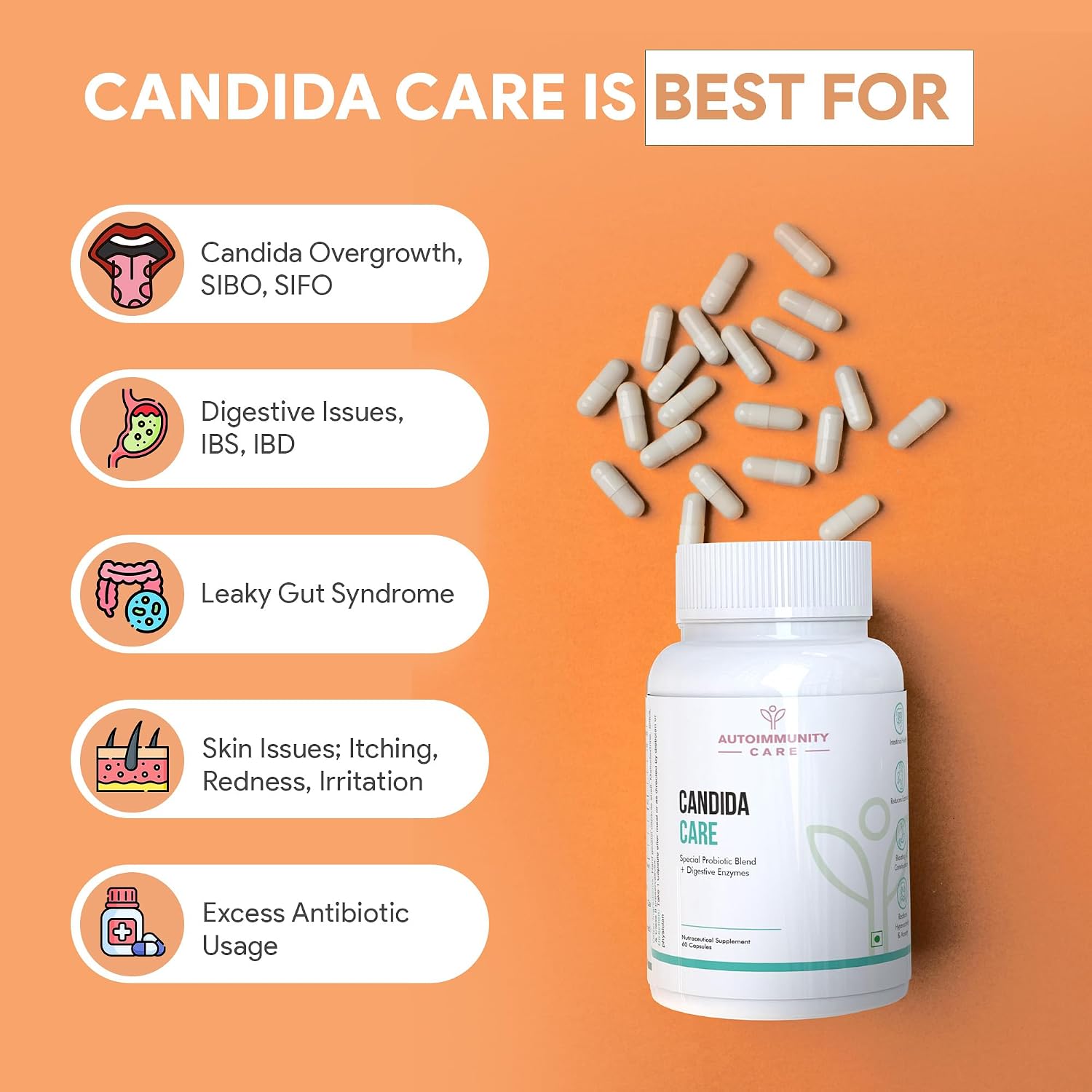 Autoimmunity Care Candida Care Special Probiotic Blend + Digestive Enzymes | Fights Infections, Leaky Gut And Candida Defense | 60 Capsules, 100gm 0.2lbs