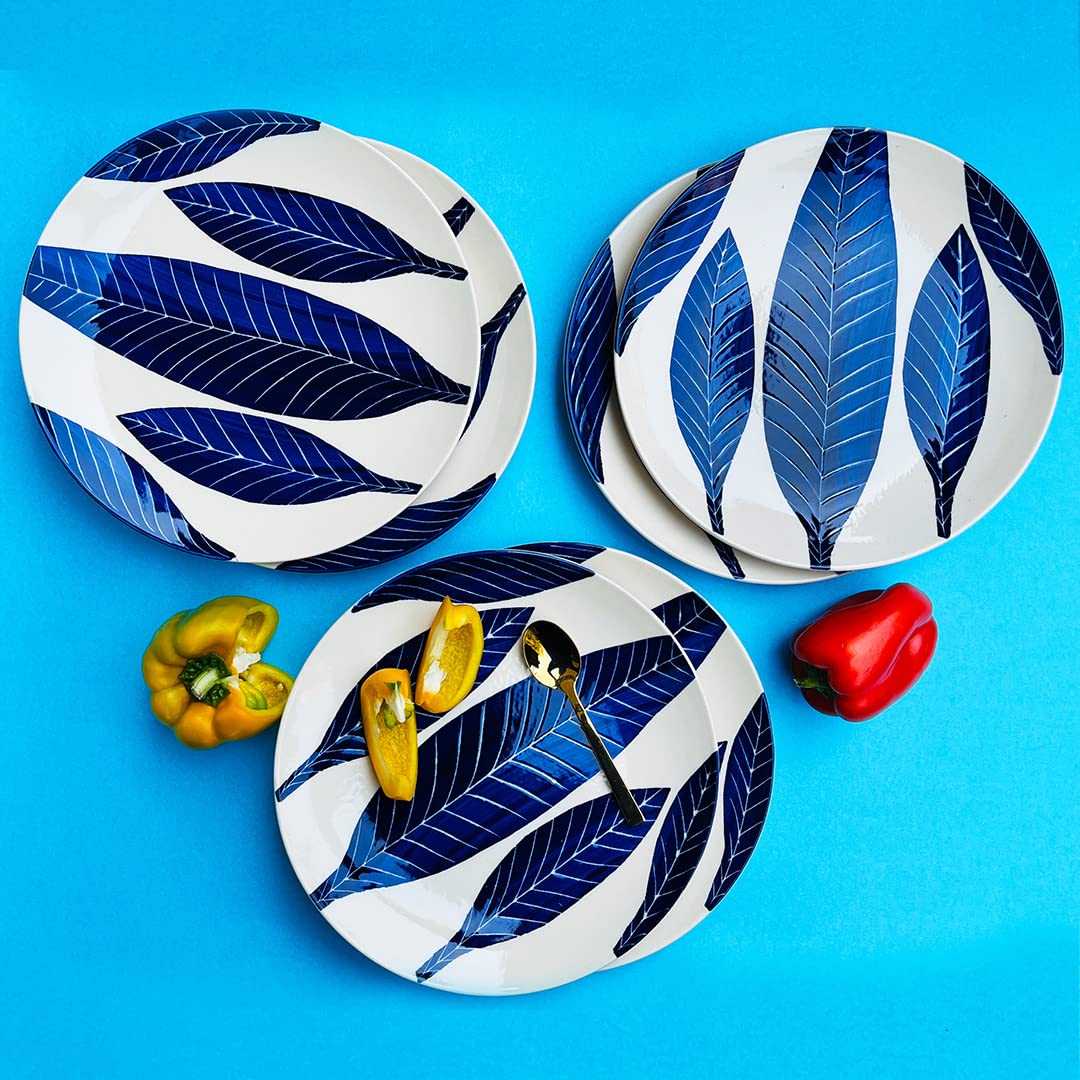 Patram Ceramic Dinner Plates Set Of 6 - 10 Inches, 6 Pieces, White & Blue | Hand Painted Full Ceramic Plates For Dinner - Microwave Safe & Dishwasher Safe