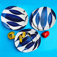 Patram Ceramic Dinner Plates Set Of 6 - 10 Inches, 6 Pieces, White & Blue | Hand Painted Full Ceramic Plates For Dinner - Microwave Safe & Dishwasher Safe