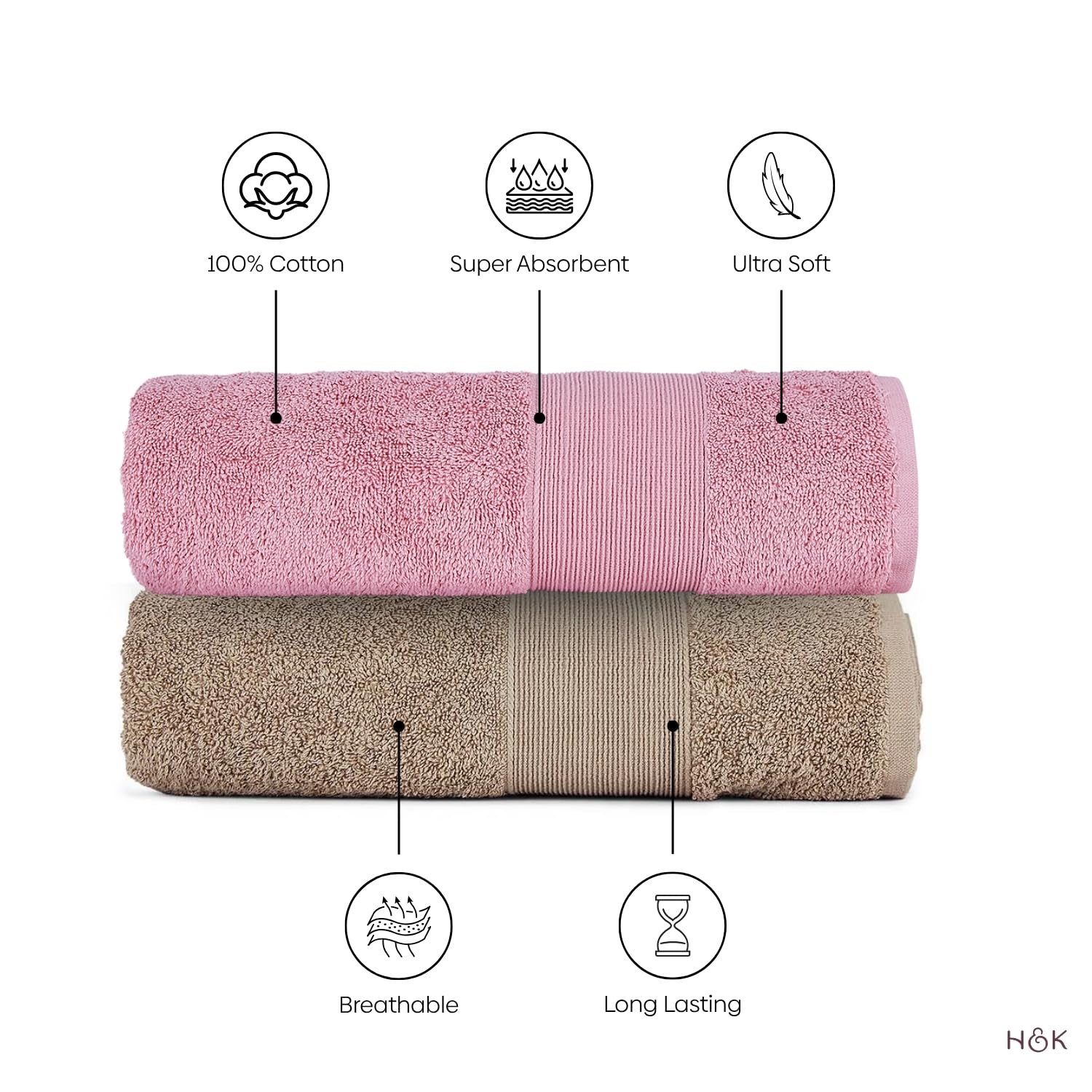 Haus & Kinder Harmony Combed Bath 1800 Gsm | Ultra Soft, Super Absorbent 100% Cotton Towels For Bathroom, Gym, Travel, Sports & Yoga | Pink & Taupe (Pack Of 6)
