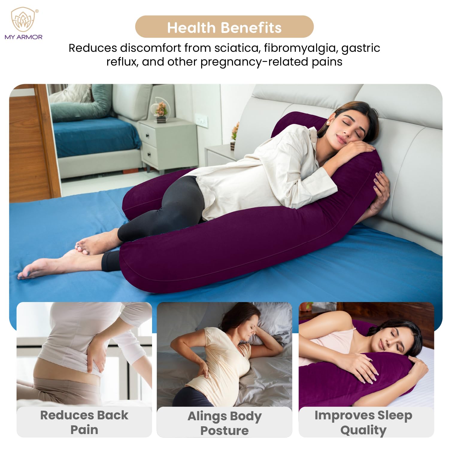 Full Body U Shape Pregnancy Pillow For Women, Maternity Pillow, Purple Color | Pillow Gift For Pregnancy Sleeping, Premium Velvet Cover With Zip | Adjustable & Washable, Relieves Pain