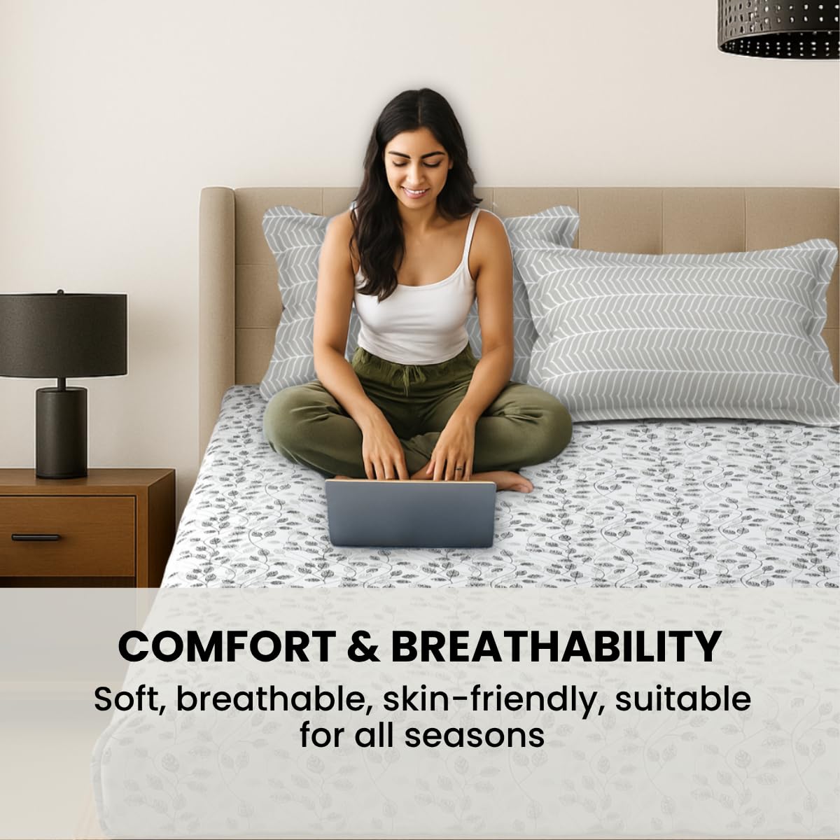 Double Bedsheet For Queen Size Bed With 2 Pillow Covers - 90 X 100 Inches, White & Grey | Soft, Breathable & Fade Resistant | Crafted For Luxurious Softness & Comfort