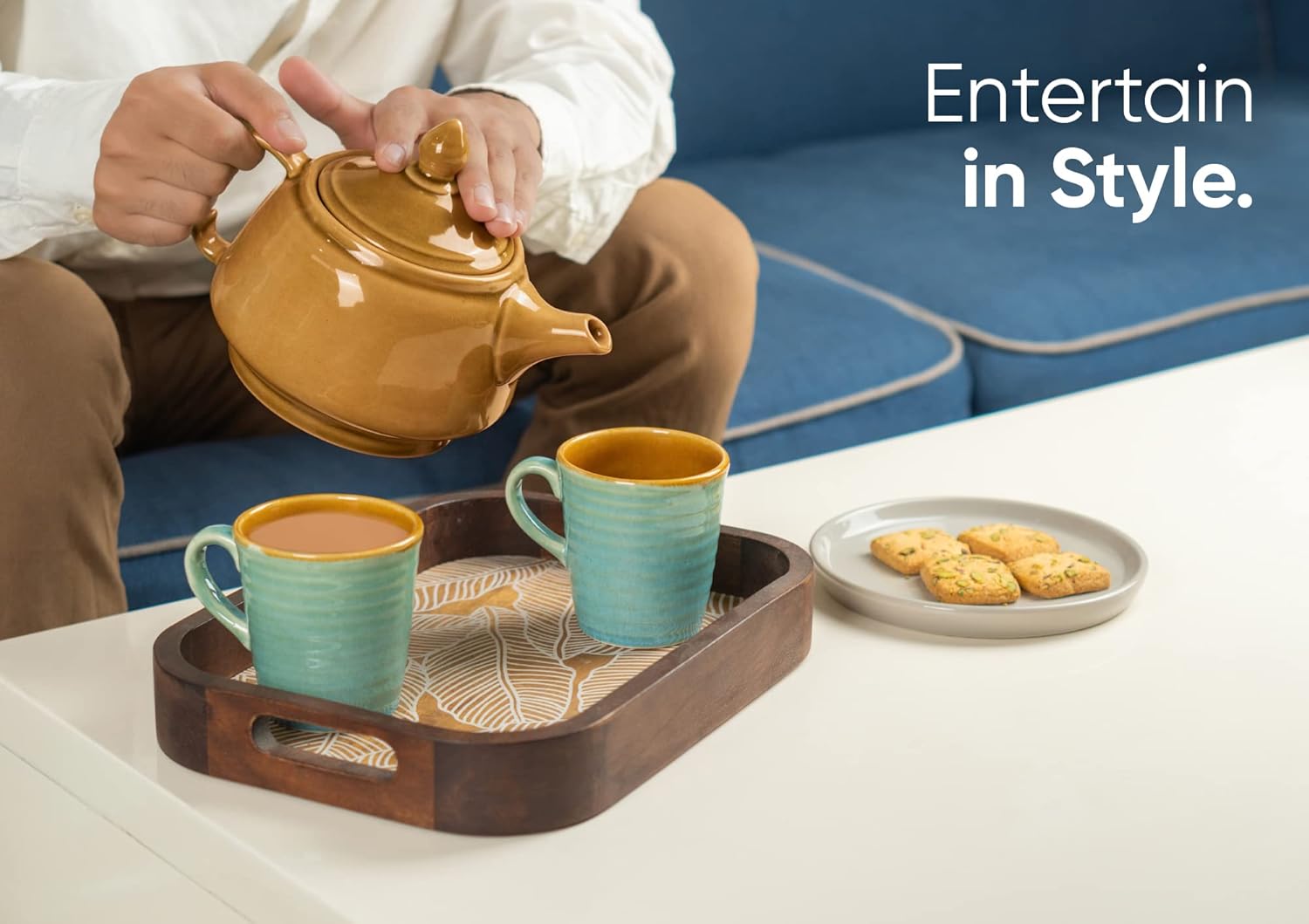 Ceramic Organic Coffee Cup Set Of 2 - 290ml Each, Turquoise Blue | Medium Cup With Glossy Finish - Stoneware Coffee Cup Set - Ceramic Everyday Cup | Microwave Safe & Dishwasher Safe