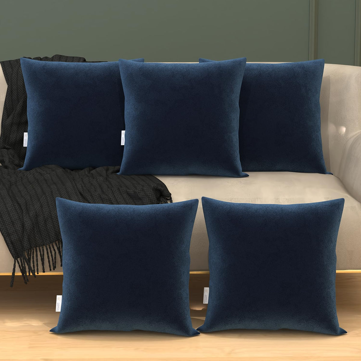 Microfiber Square Pillow, Cushion For Sofa, Car & Decoration, Navy Blue - 12 X 12 Inch | Throw Pillow, Back Support, Hypoallergenic, Washable, Navy Blue Velvet Cover - Pack Of 5