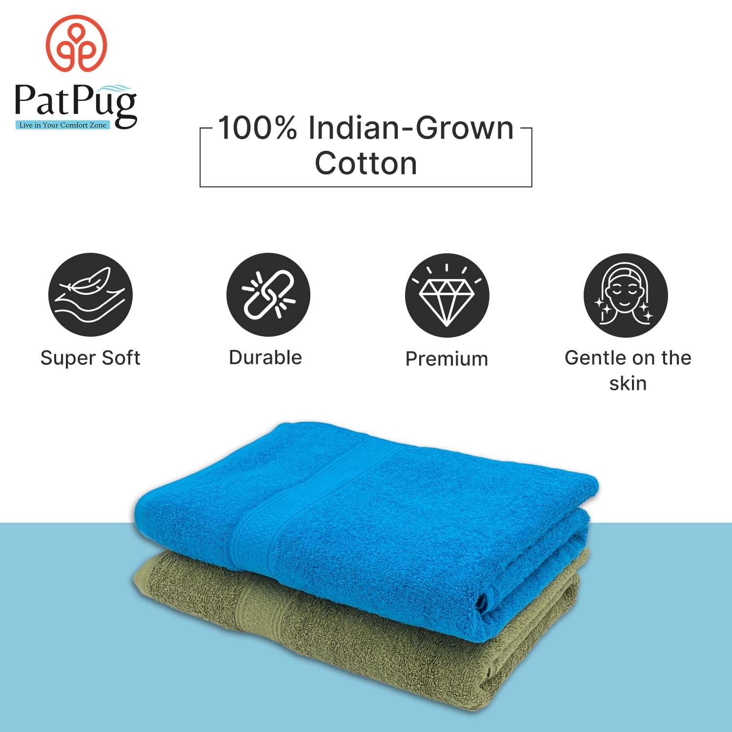 Patpug 100% Indian Ultra Soft Cotton 500 Gsm Highly Absorbent, Fade Resistant, Quick Drying Large Bath Towel (Olive Green & Turquoise Blue)