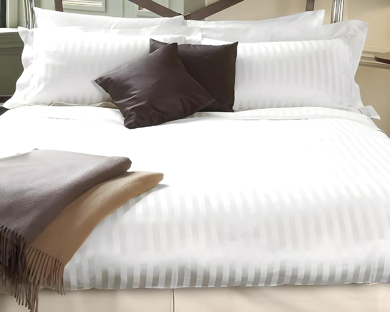 Double Bedsheet With 2 Pillow Covers - 90 X 100 Inches, White | Cotton Material & Satin Stripes | Long Lasting & Wrinkle Free | Soft & Luxury Bedsheet