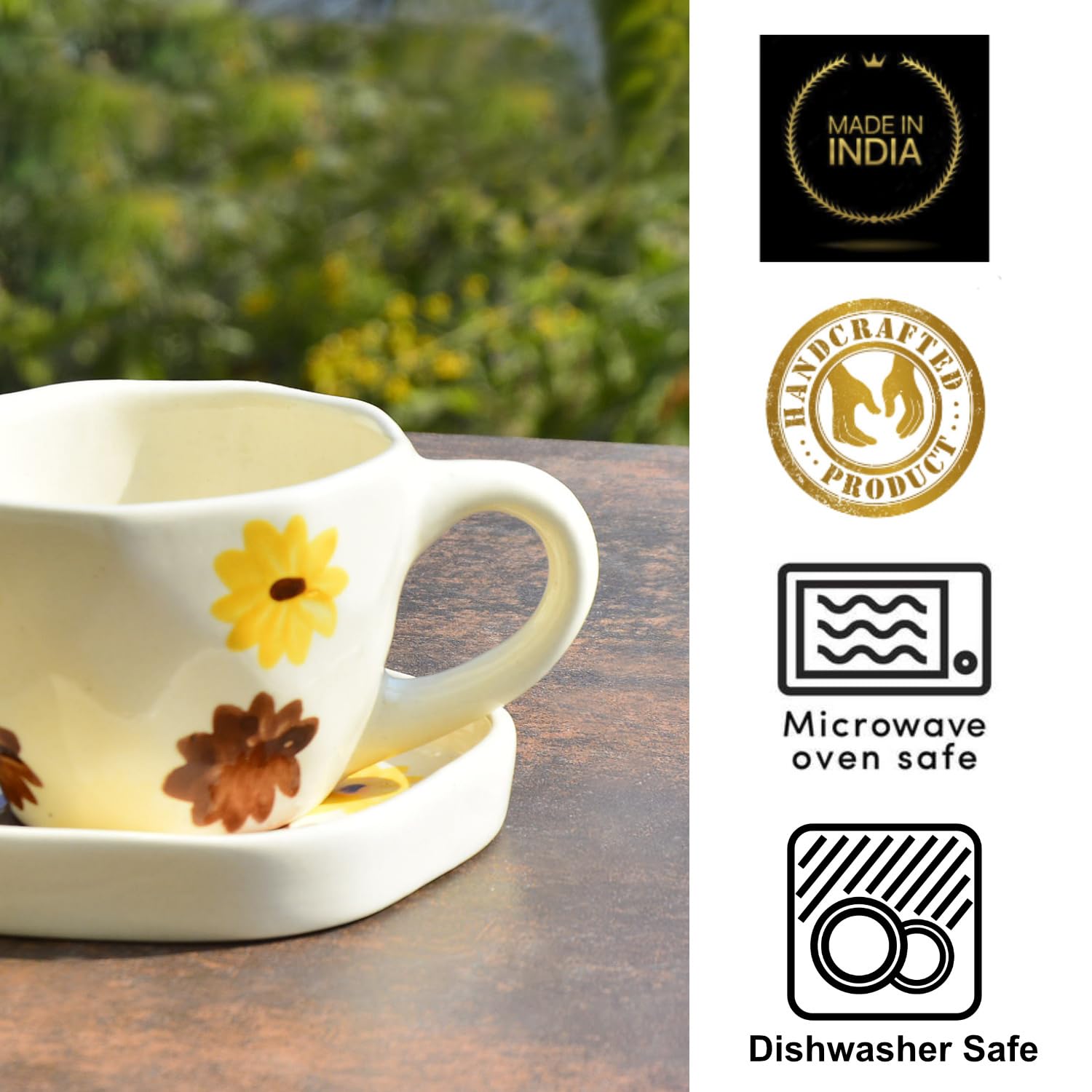 Hand Painted Ceramic Cup & Saucer Set Of 2 - Yellow & Brown, 250ml Each | Microwave Safe Tea Cups & Mugs - Chai Cups & Plates