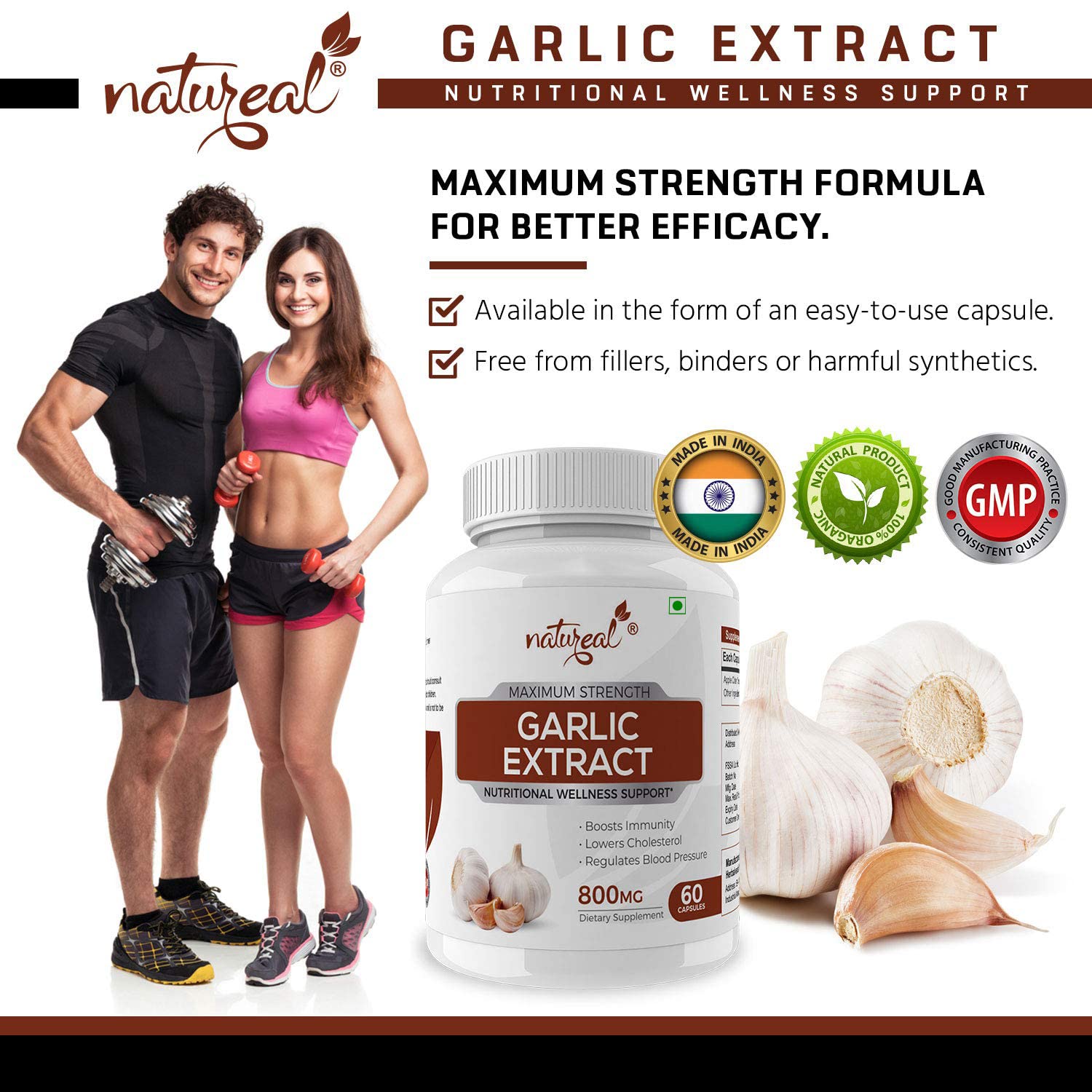 Natureal Garlic Extract Capsules For Cardiac Wellness & Antioxidant 800mg, Boost The Immune System It Supports The Protective Mechanism Of The Body | 60 Capsules 100gm 0.2lbs