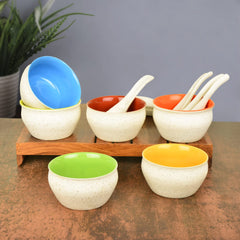 Ceramic Matt Finish Soup Bowls With Spoon Set Of 6 - 200ml Each, White & Multicolor | Ceramic Maggi Bowls - Cereal Bowls