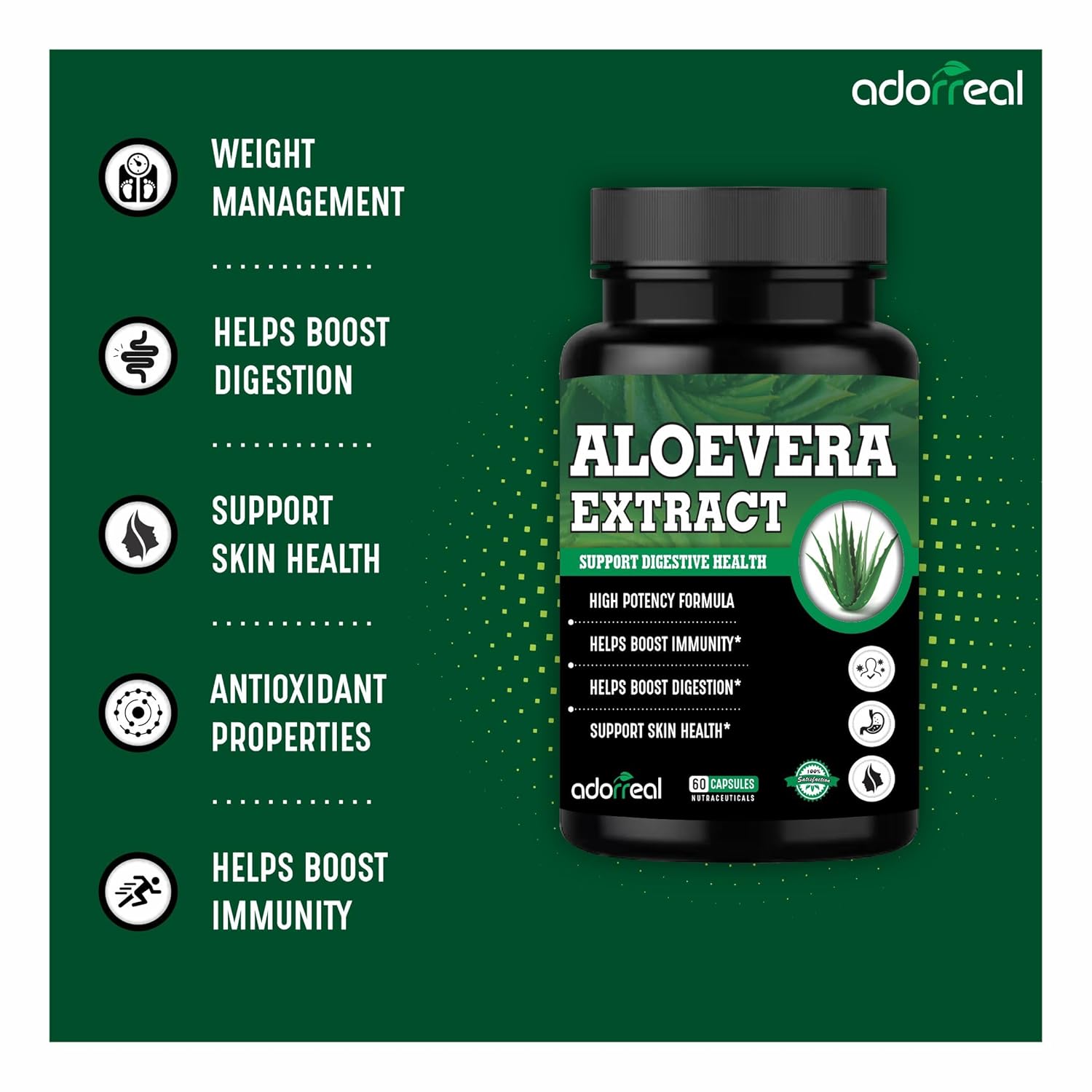 Adorreal Aloevera Extract Capsules, Weight Management, Boosts Digestion, Skin Health Support, Antioxidant Properties, Immunity Booster | 60 Capsules, 100gm 0.2lbs