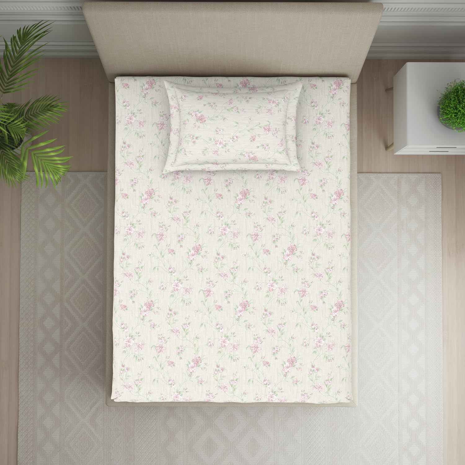 Polycotton Bedsheet For Single Bed With 1 Pillow Cover - 60 X 88 Inches, Beige | Skin Safe & Super Soft Small Size Bedsheet - 120 Thread Count