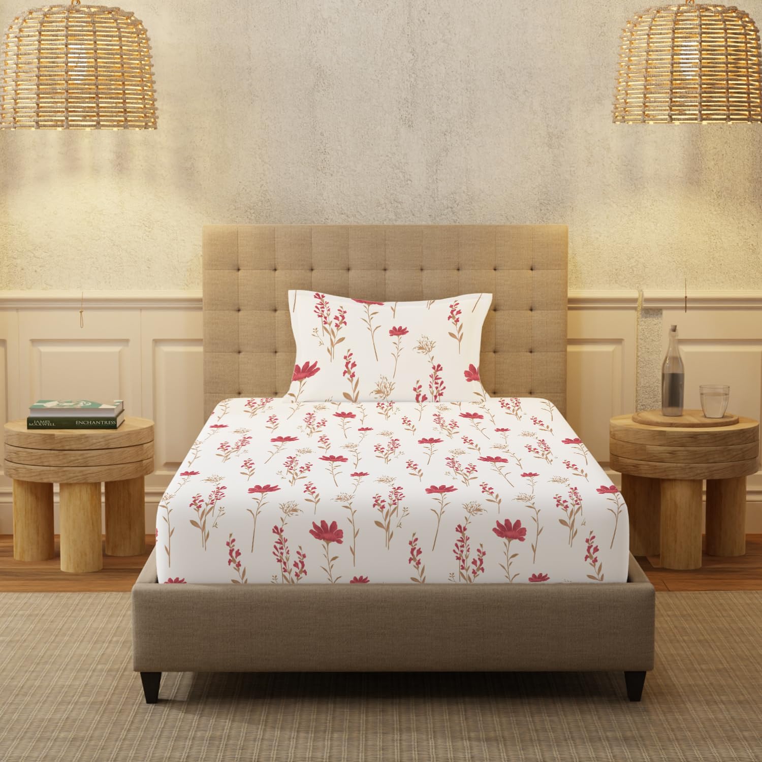 Printed Bedsheet For Single Bed With 1 Pillow Cover (Size 58 X 90 Inches) White & Pink | Bedding Set Is Beautifully Coordinated | Breathable, Lightweight & Easy To Maintain