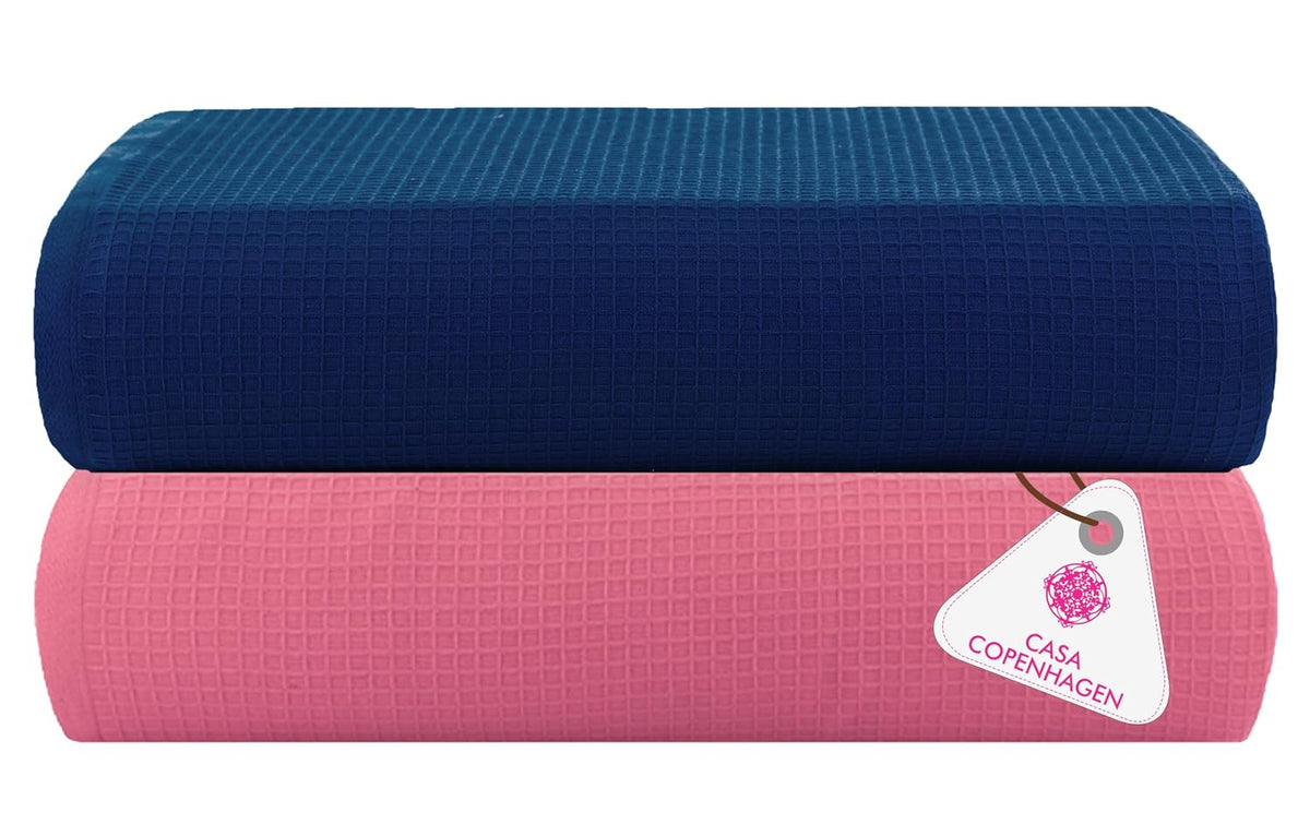 Casa Copenhagen Designed In Denmark Waffle Super Soft 2 Pieces 100% Cotton Large Bath Towel 525 Gsm - Navy & Pink