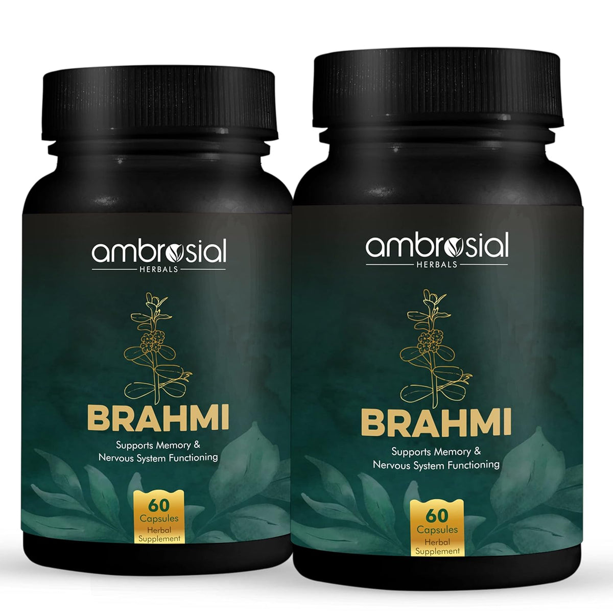 Ambrosial Brahmi Capsules 500mg Bacopa Monnieri, High Strength Brain Nootropics Supplements To Focus, Mental Performance & Energy | 60 Capsules 100gm 0.2lbs Each Pack Of 2