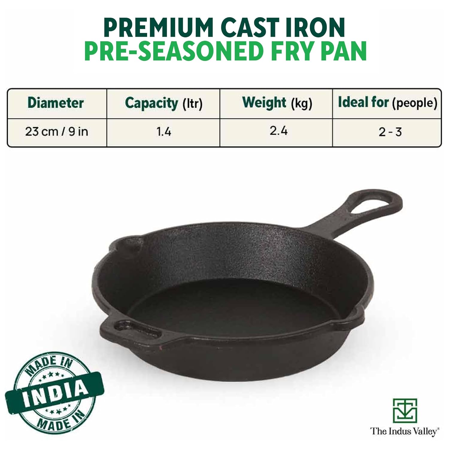 Pre-Seasoned Black Cast Iron Shallow Fry Pan With Long Loop Handle - Medium, 23cm, 9 Inch, 1.4 Ltr, 2.4 Kg | Induction Friendly, Nonstick Fry Pan, 100% Pure & Toxin Free, No Chemical Coating