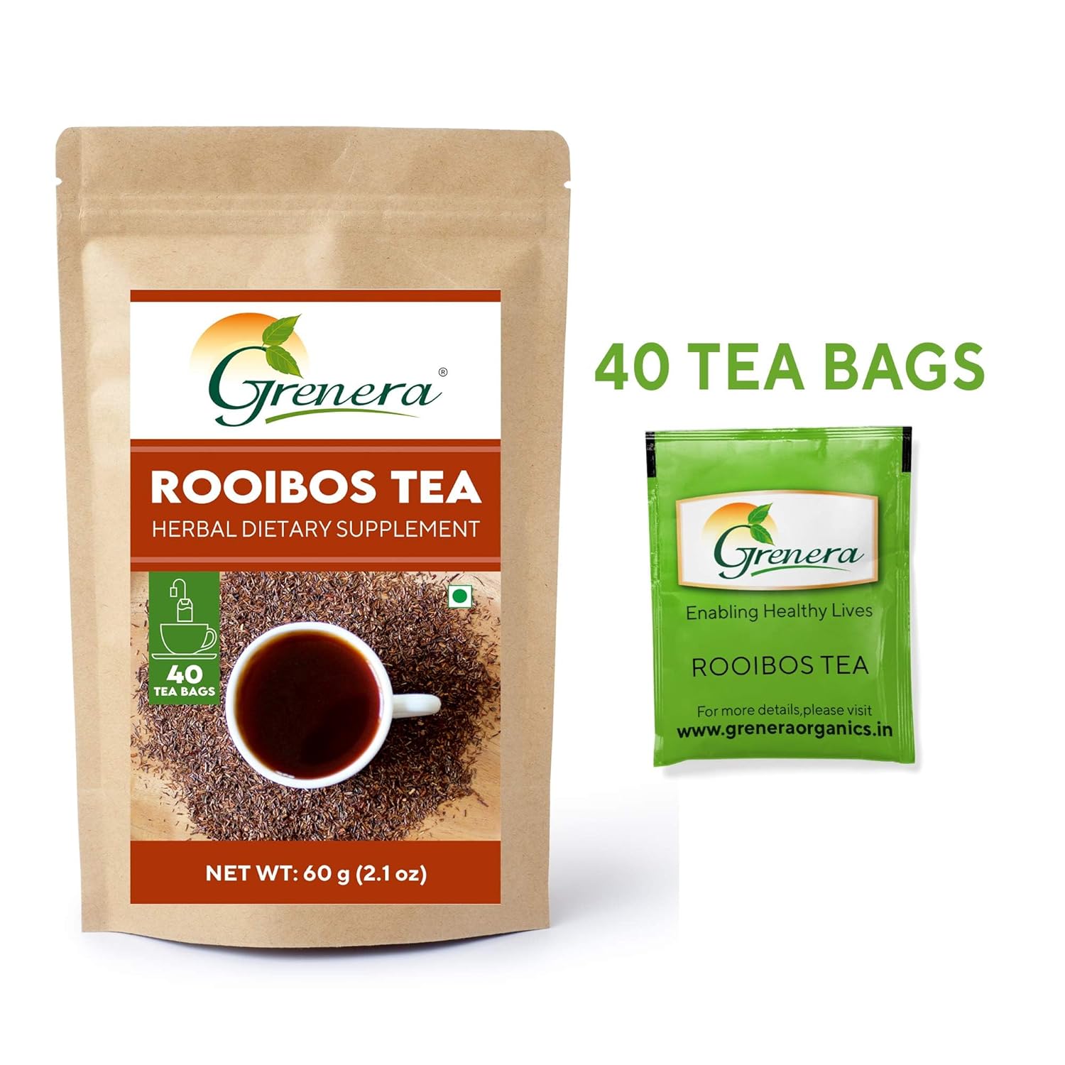 Grenera Rooibos Tea Bags - 60gm, 2.1 Ounce, 40 Dip Tea Bags | Herbal Dietary Supplement - Caffeine Free, Gluten Free, Non GMO