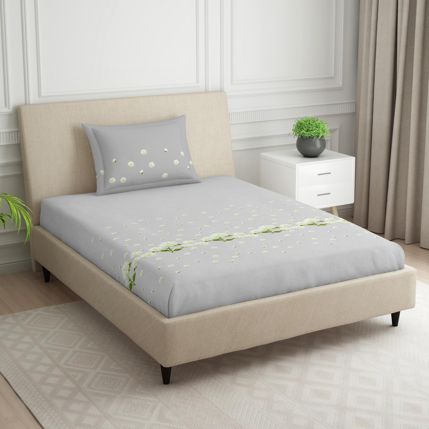 Single Bedsheet With 2 Pillow Covers (Size 60 X 88 Inches) Light Grey | 144 Thread Count Lightweight, Soft, Skin Friendly - Everyday Use Cotton Bedsheet