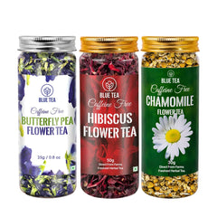 Blue Tea 3 In 1 Combo - Butterfly Pea Flower Tea + Hibiscus Tea+ Chamomile Tea, 105gm, 3.7 Ounce | Herbal Tea For Weight Loss, Skin Glow, Sleep - Non Bitter, Caffeine Free | Reusable Pet