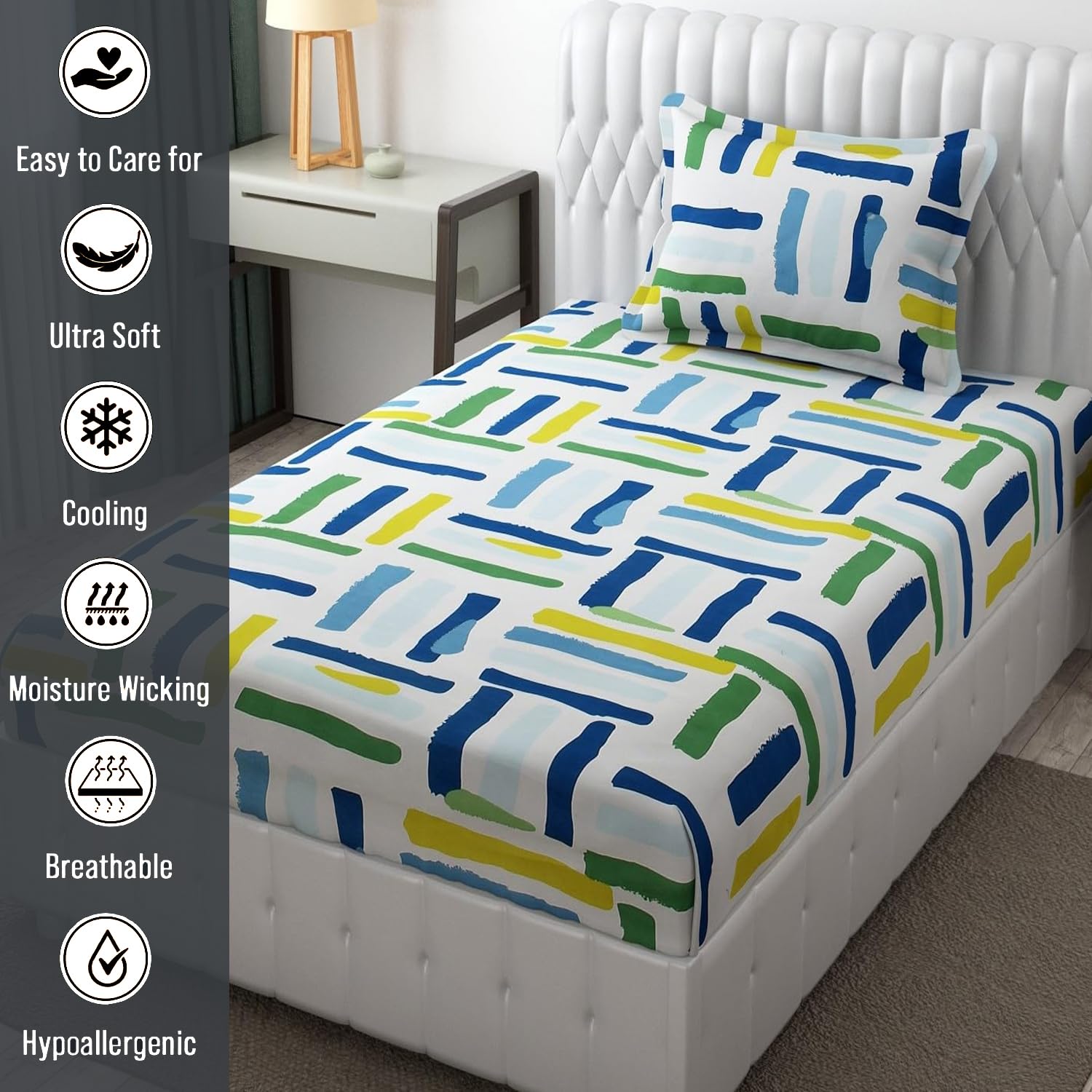 Microfiber Single Bedsheet Set With 1 Pillow Covers (60 X 90 Inches) White & Blue | Durable & Long-Lasting | 144 Thread Count | Wrinkle Free
