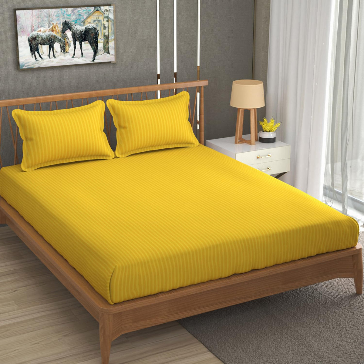 Cotton Elastic Fitted King Size Double Bed Bedsheet With 2 Pillow Covers - 72x78x6 Inches, Yellow | Durable Bedsheets For Everyday Comfort
