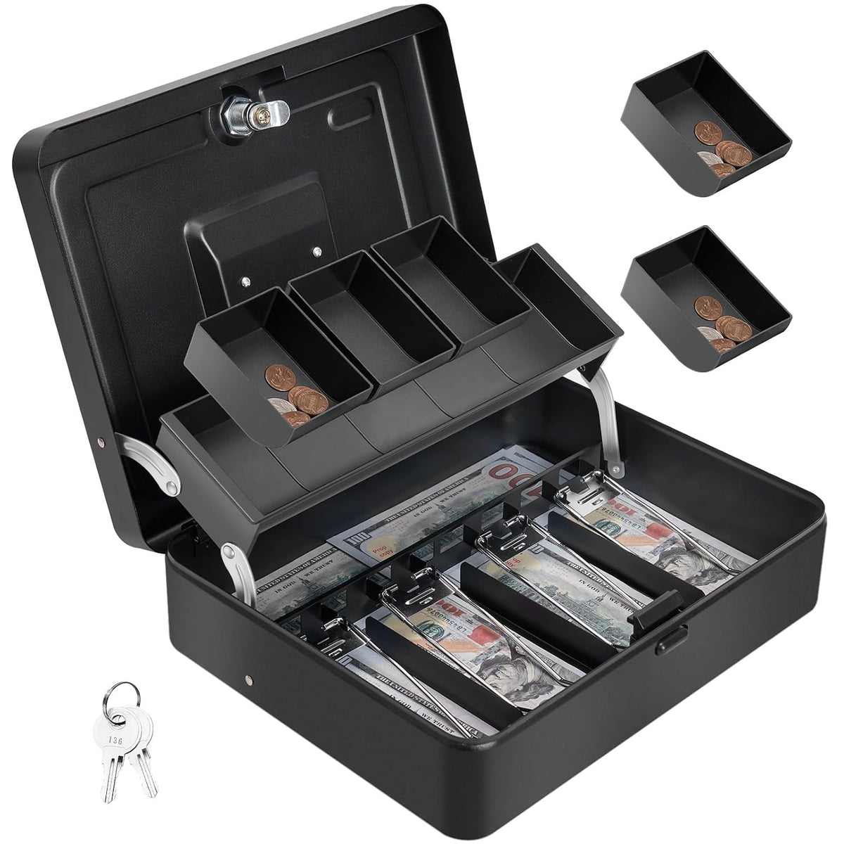 Cash Box With Lock & 2 Keys, Metal Money Box With Cash Tray, Portable Lock Safe Box, 4 Bill, 5 Coin Slots, Large Cash Boxes For Small Business 11.8 X 9.5 X 3.5 Inch, Colour - Top Key Black