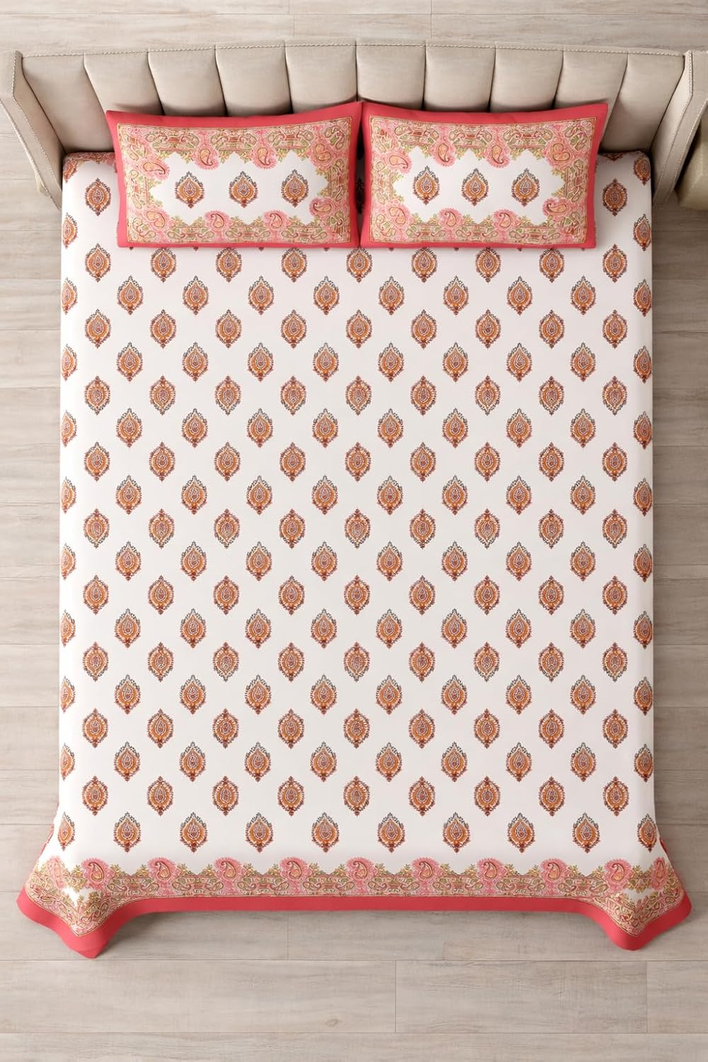 Hand Printed Cotton Bedsheet For King Size With 2 Pillow Covers | 93 X 108 Inches, Pink & Cream | Ultra-Soft & Skin-Safe | Breathable Summer Comfort
