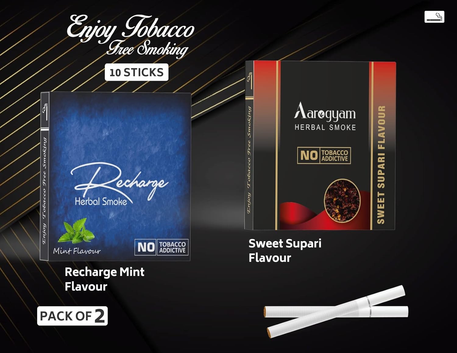 Aarogyam Herbals Pack Of 2 Flavours 100% Tobacco & Nicotine Free Cigarette For Relieve Stress & Mood Enhance Product Sweet Supar, Recharge - 10 Sticks X 2 Packets