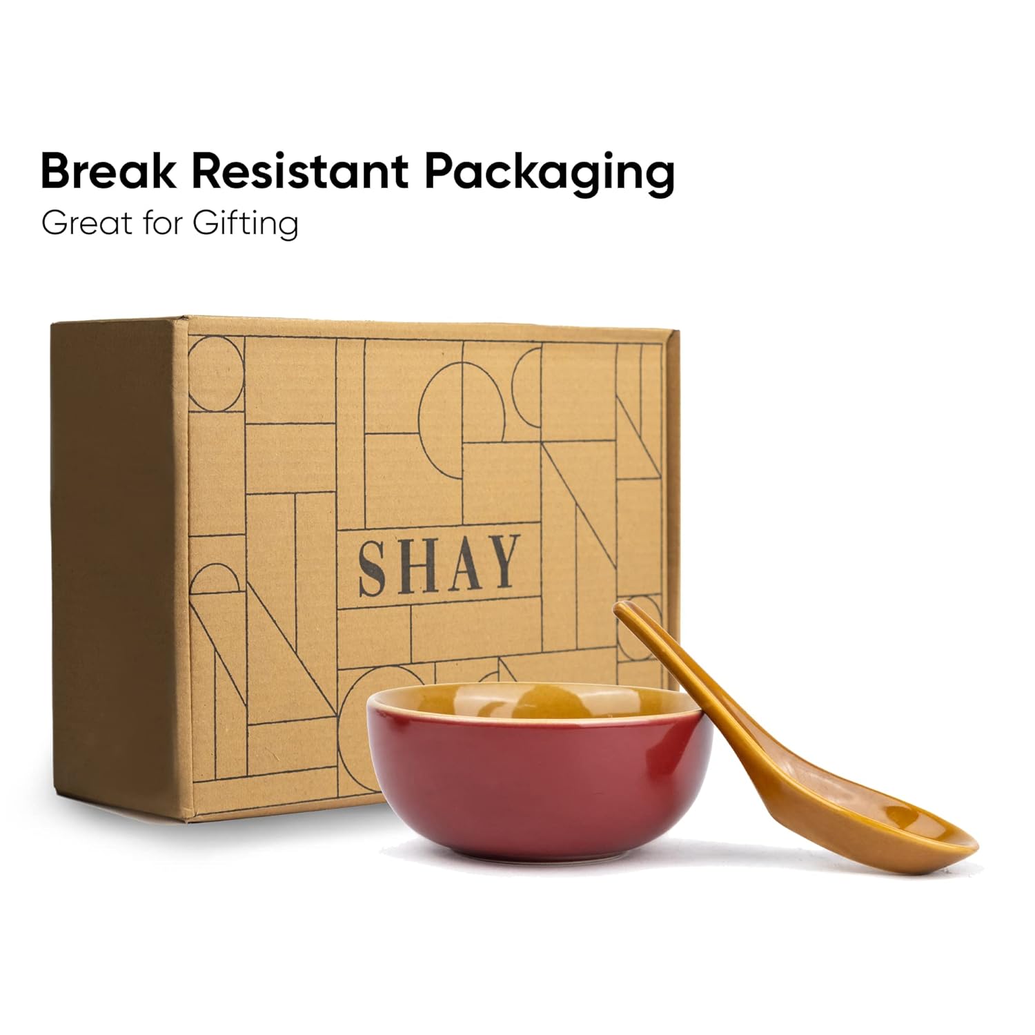 Ceramic Soup Bowl Set With Spoons - 300ml Each, Burgundy | 6 Pieces Soup Bowls + 6 Spoons | Glossy Finish - Premium Stoneware Ceramic Soup Bowls With Spoons | Soup Bowl Set Of 6